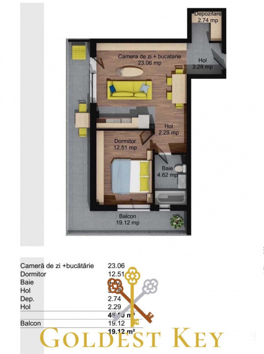 Apartament spațios cu 2 camere, terasă, etaj intermediar și parcare