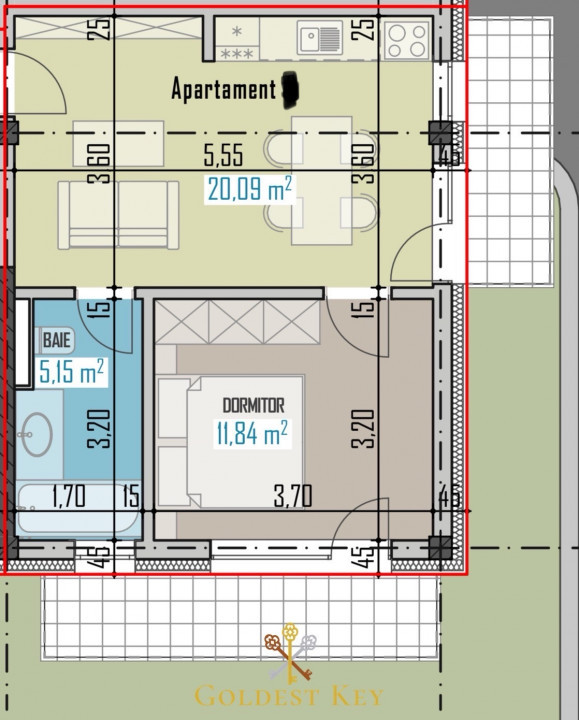 Apartament cu 2 camere și balcon 